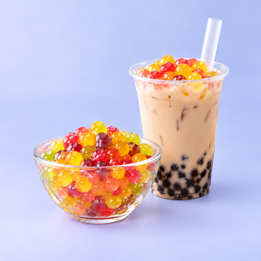 Bubble Tea зі стаканом і глибокою тарілкою джусболів
