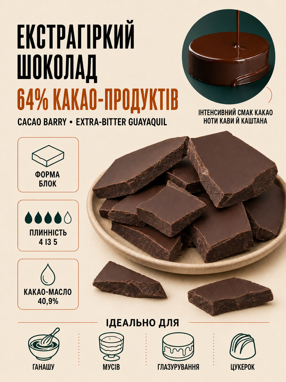 Шоколад екстра гіркий Cacao Barry 64%