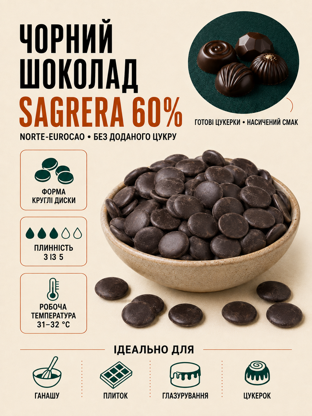 Чорний шоколад без цукру 60%, Eurocao