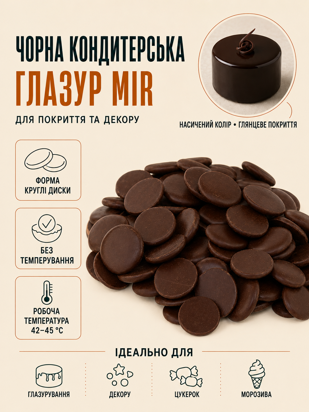 Глазурь кондитерська чорна, MIR.