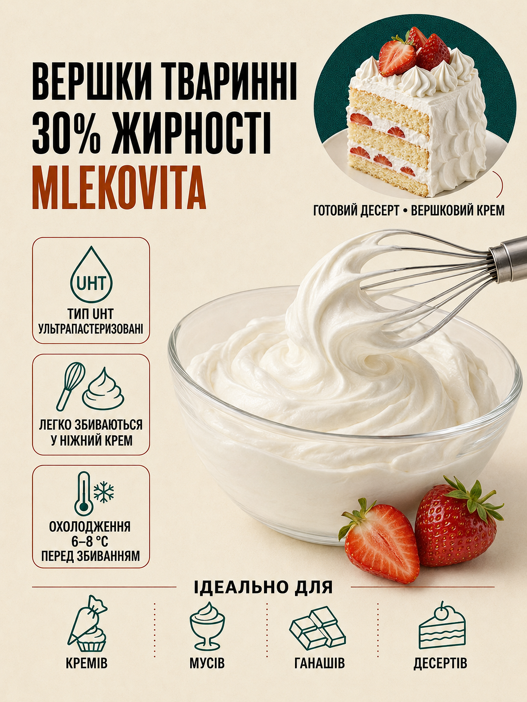 Вершки тваринні 30% Smietanka Mlekovita, 1 л